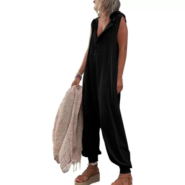 chouyatou Womens Summer Casual Hooded Jumpsuit Loose Half Button Tapered Leg Romper Overall PantsBlack