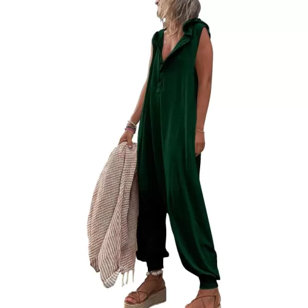 chouyatou Womens Summer Casual Hooded Jumpsuit Loose Half Button Tapered Leg Romper Overall PantsBlackish Green