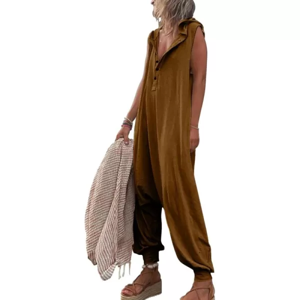 chouyatou Womens Summer Casual Hooded Jumpsuit Loose Half Button Tapered Leg Romper Overall PantsBrown