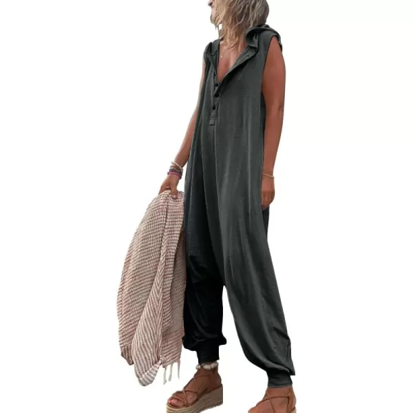 chouyatou Womens Summer Casual Hooded Jumpsuit Loose Half Button Tapered Leg Romper Overall PantsDark Grey