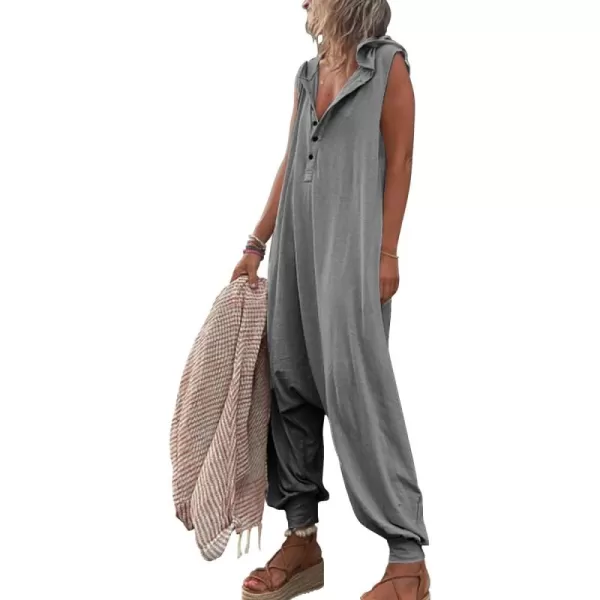 chouyatou Womens Summer Casual Hooded Jumpsuit Loose Half Button Tapered Leg Romper Overall PantsGrey