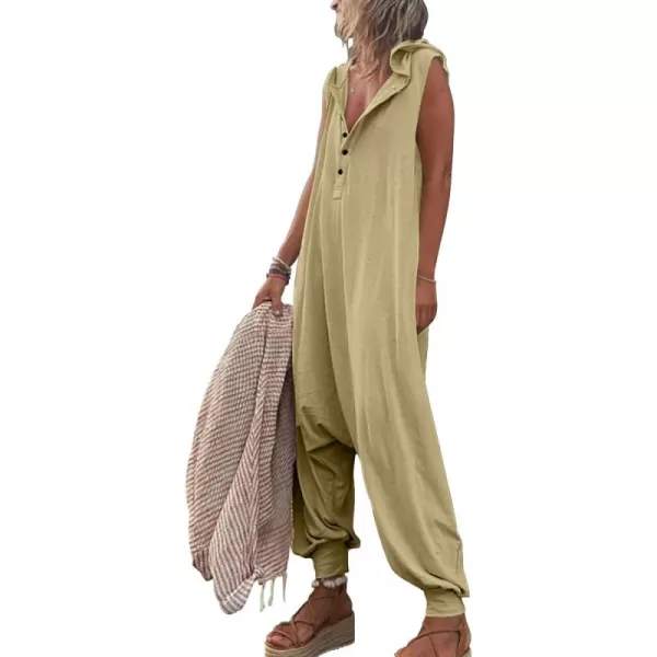 chouyatou Womens Summer Casual Hooded Jumpsuit Loose Half Button Tapered Leg Romper Overall PantsKhaki