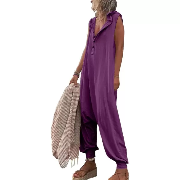 chouyatou Womens Summer Casual Hooded Jumpsuit Loose Half Button Tapered Leg Romper Overall PantsPurple