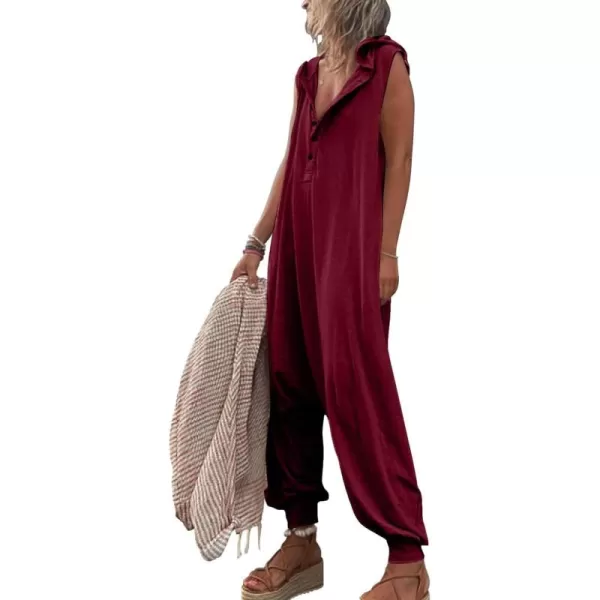 chouyatou Womens Summer Casual Hooded Jumpsuit Loose Half Button Tapered Leg Romper Overall PantsWine Red
