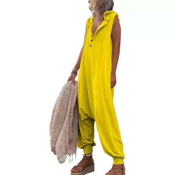 chouyatou Womens Summer Casual Hooded Jumpsuit Loose Half Button Tapered Leg Romper Overall PantsYellow