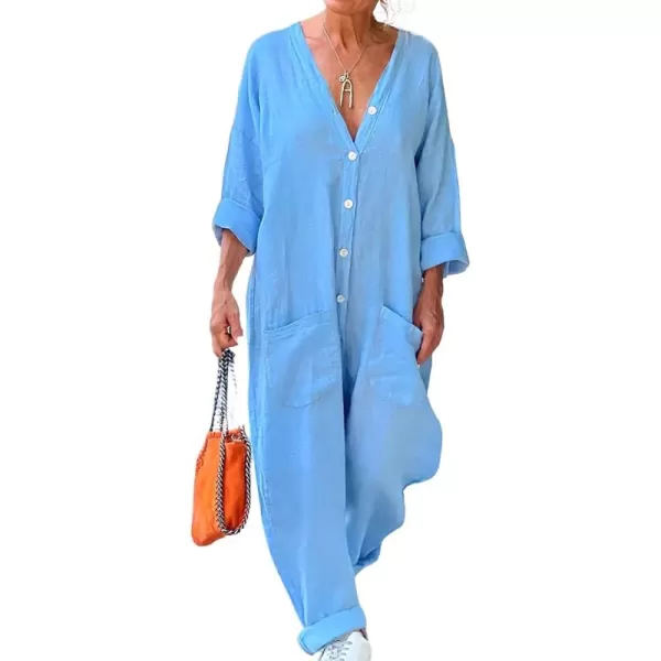 chouyatou Womens Summer Casual Long Sleeve Linen Jumpsuits Baggy Harem Overalls Onesie Lounge PajamasBlue