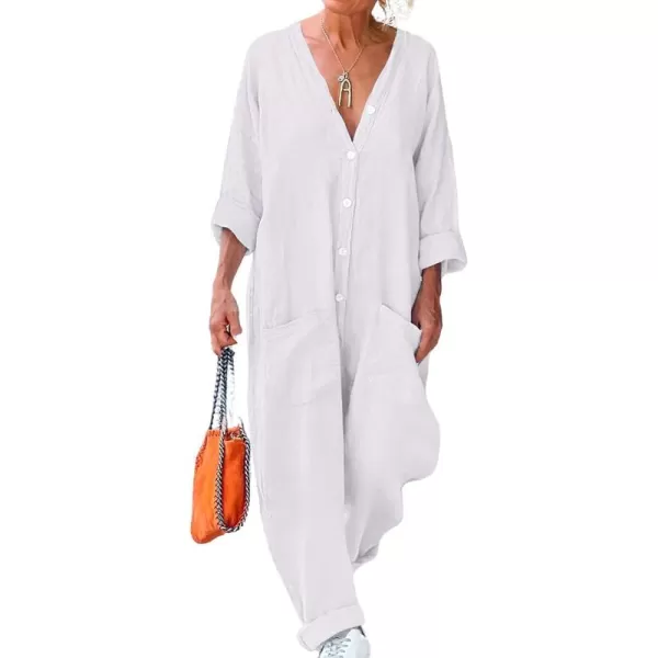 chouyatou Womens Summer Casual Long Sleeve Linen Jumpsuits Baggy Harem Overalls Onesie Lounge PajamasWhite