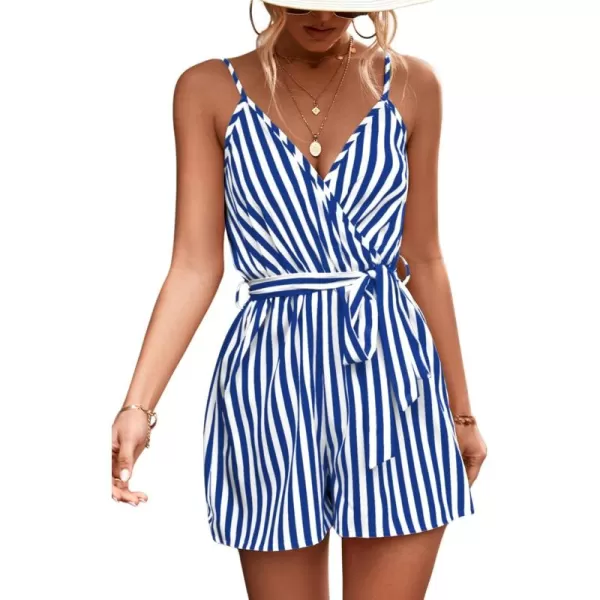 chouyatou Womens Summer Casual V Neck Romper Sleeveless Tie Waist Striped Camisole Short JumpsuitBlue