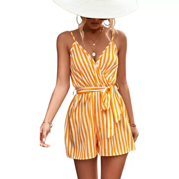chouyatou Womens Summer Casual V Neck Romper Sleeveless Tie Waist Striped Camisole Short JumpsuitYellow