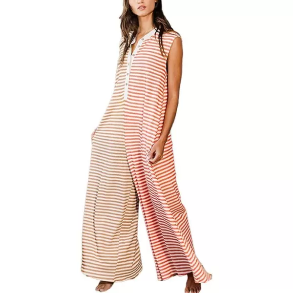 chouyatou Womens Summer Color Block Striped Jumpsuit Wide Leg Romper Dressy Casual Overall PantPink Apricot