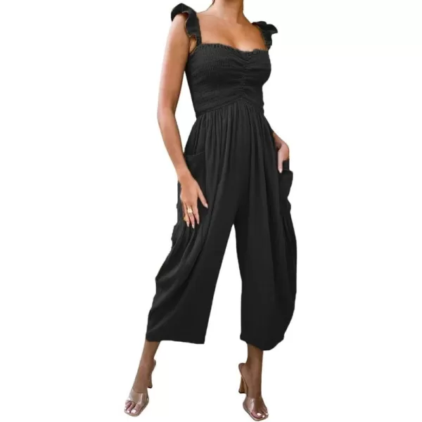 chouyatou Womens Summer Smocked High Waisted Jumpsuits Fashion Sleeveless Wide Leg Overall RompersBlack