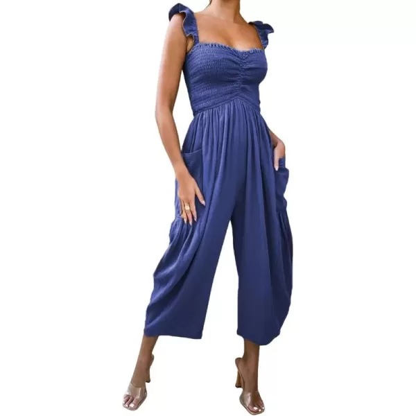 chouyatou Womens Summer Smocked High Waisted Jumpsuits Fashion Sleeveless Wide Leg Overall RompersBlue