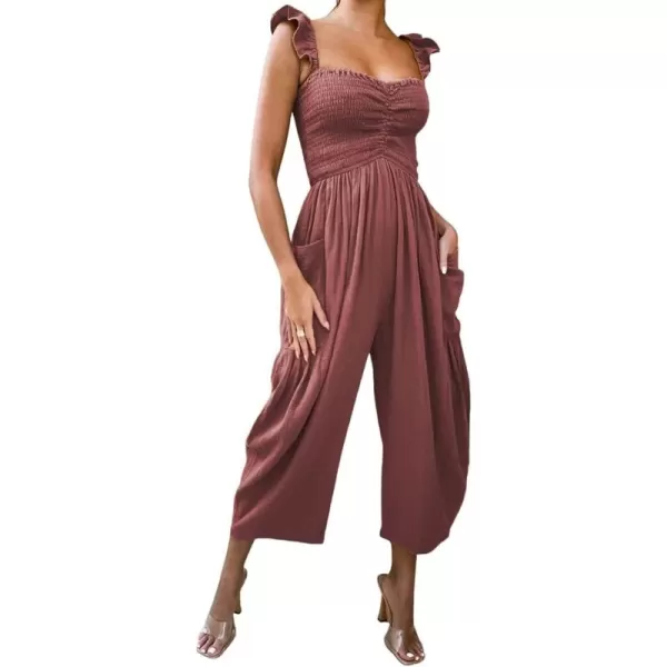 chouyatou Womens Summer Smocked High Waisted Jumpsuits Fashion Sleeveless Wide Leg Overall RompersLight Brown
