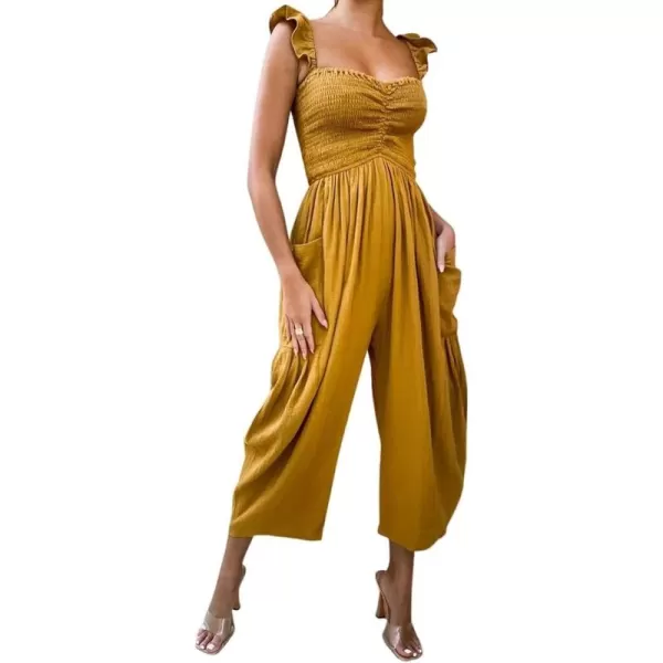 chouyatou Womens Summer Smocked High Waisted Jumpsuits Fashion Sleeveless Wide Leg Overall RompersYellow