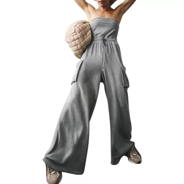 chouyatou Womens Summer Strapless Tube Jumpsuits Casual Baggy Wide Leg Overalls Romper PantsGrey