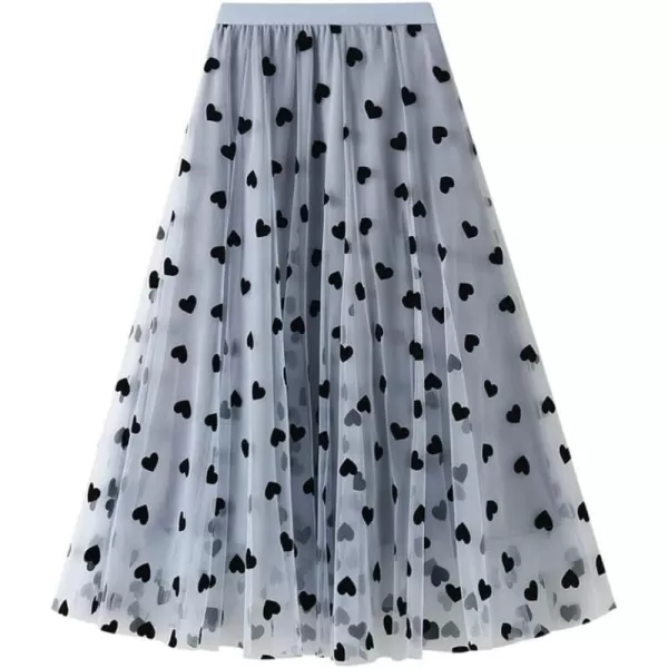 chouyatou Womens Sweet Heart Print Elastic Waist Swing Dance Tulle Long SkirtBlue