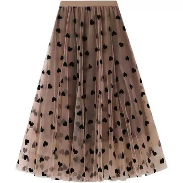 chouyatou Womens Sweet Heart Print Elastic Waist Swing Dance Tulle Long SkirtKhaki