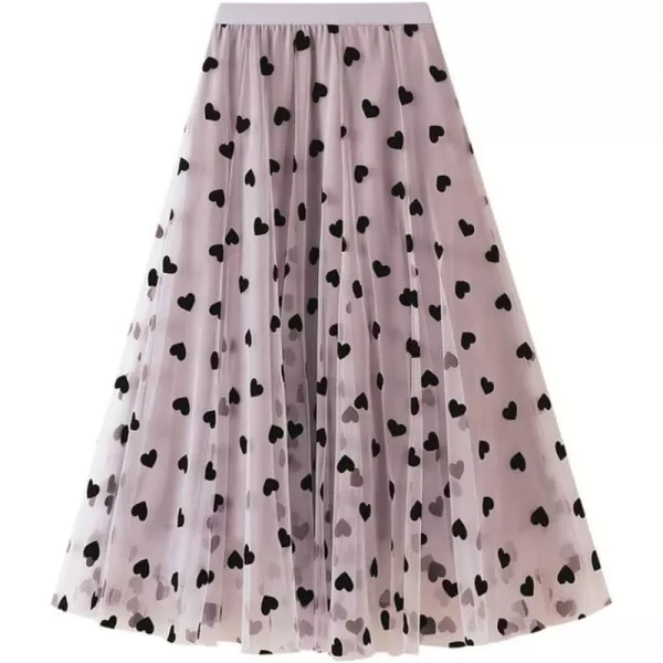 chouyatou Womens Sweet Heart Print Elastic Waist Swing Dance Tulle Long SkirtPink