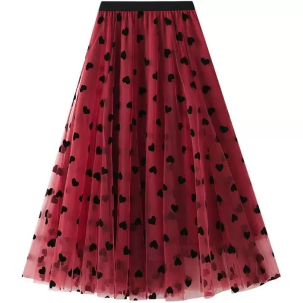chouyatou Womens Sweet Heart Print Elastic Waist Swing Dance Tulle Long SkirtRed