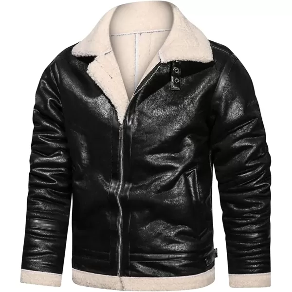 chouyatou Mens Casual Lapel Collar Full Zip Slim Thicked Sherpa Lined Warmth Faux Suede Leather Biker JacketBlack