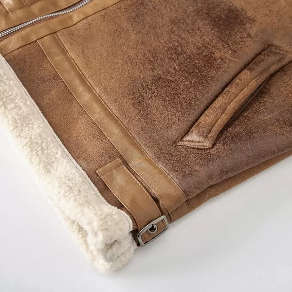 chouyatou Mens Casual Lapel Collar Full Zip Slim Thicked Sherpa Lined Warmth Faux Suede Leather Biker JacketBrown