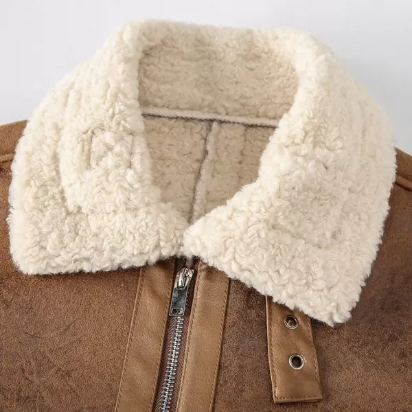 chouyatou Mens Casual Lapel Collar Full Zip Slim Thicked Sherpa Lined Warmth Faux Suede Leather Biker JacketBrown