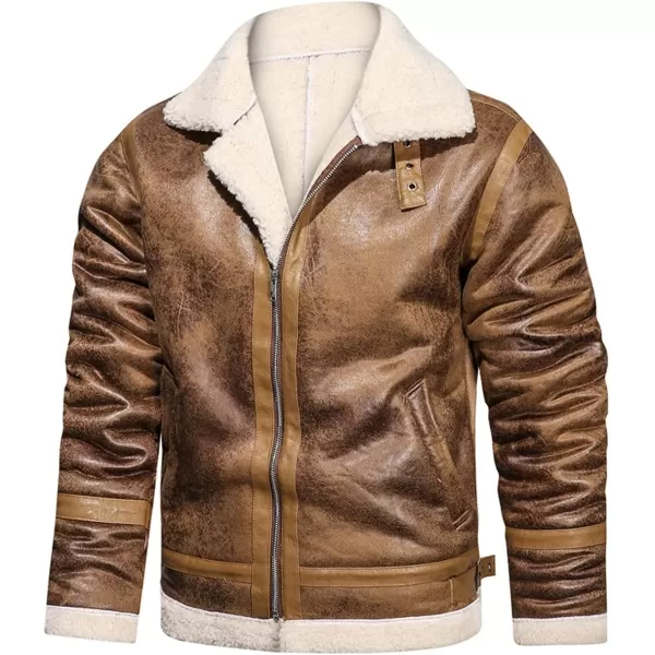 chouyatou Mens Casual Lapel Collar Full Zip Slim Thicked Sherpa Lined Warmth Faux Suede Leather Biker JacketBrown