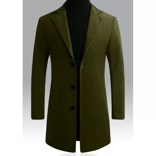 chouyatou Mens Classic Notched Collar Business Top Coat Slim Fit Wool MidLength Trench Pea CoatArmy Green