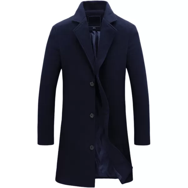 chouyatou Mens Classic Notched Collar Business Top Coat Slim Fit Wool MidLength Trench Pea CoatNavy Blue