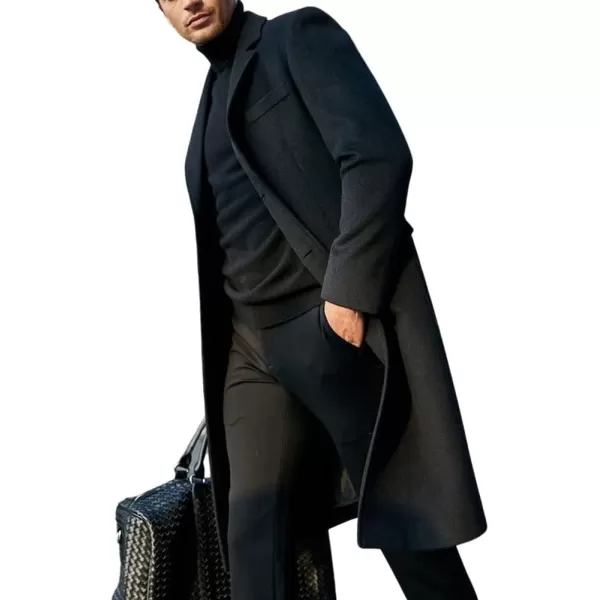 chouyatou Mens Notched Lapel Single Breasted Business Office Wool Trench Coat OvercoatBlack