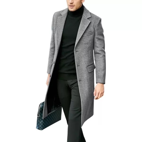 chouyatou Mens Notched Lapel Single Breasted Business Office Wool Trench Coat OvercoatGray