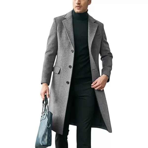 chouyatou Mens Notched Lapel Single Breasted Business Office Wool Trench Coat OvercoatGray
