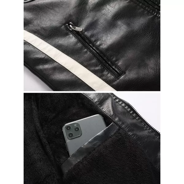 chouyatou Mens Thermal Fleece Lined Patchwork Moto Racer Faux Leather JacketBlack