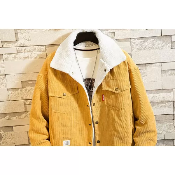 chouyatou Mens Vintage Lapel Sherpa Lined Button Down Corduroy Trucker JacketYellow