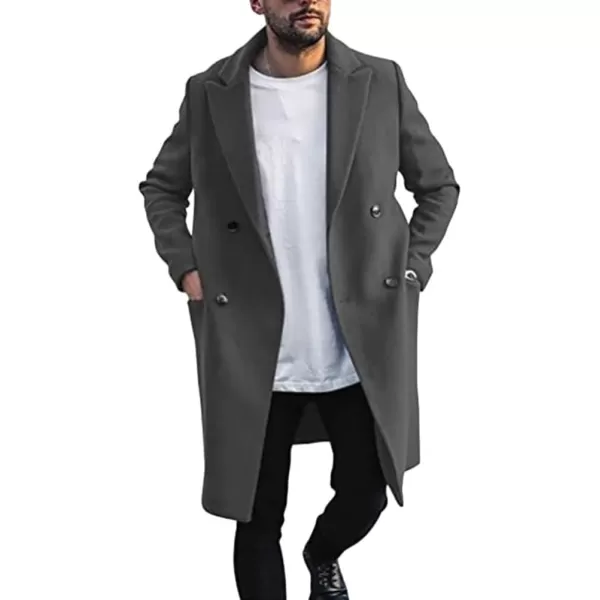 chouyatou Mens Winter Notched Lapel Double Breasted Business Casual Midi Long Wool Blend Trench Pea CoatGray