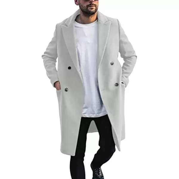 chouyatou Mens Winter Notched Lapel Double Breasted Business Casual Midi Long Wool Blend Trench Pea CoatWhite
