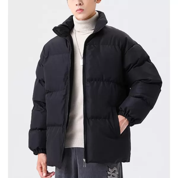 chouyatou Mens Winter Stand Collar Zip Up Baggy Puffer Jacket Windproof Short Down CoatBlack