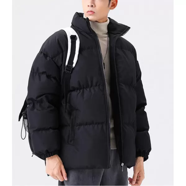 chouyatou Mens Winter Stand Collar Zip Up Baggy Puffer Jacket Windproof Short Down CoatBlack