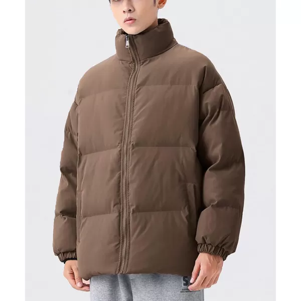 chouyatou Mens Winter Stand Collar Zip Up Baggy Puffer Jacket Windproof Short Down CoatBrown