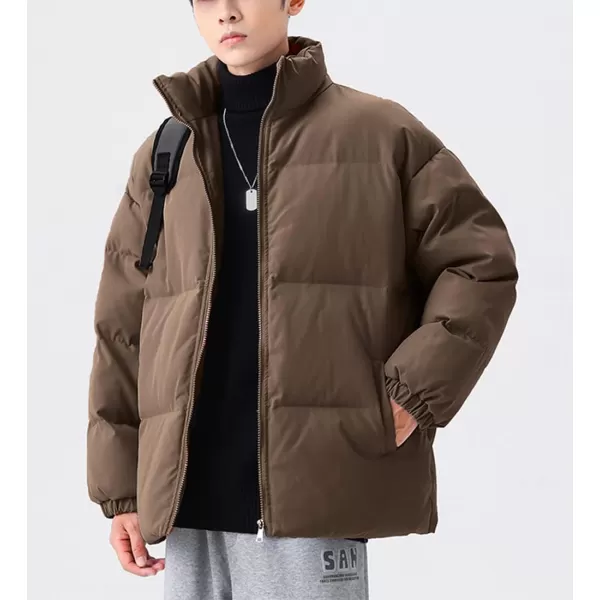 chouyatou Mens Winter Stand Collar Zip Up Baggy Puffer Jacket Windproof Short Down CoatBrown