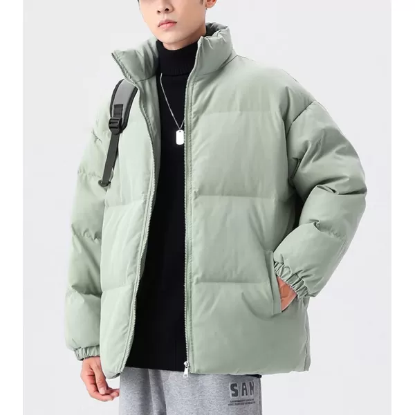 chouyatou Mens Winter Stand Collar Zip Up Baggy Puffer Jacket Windproof Short Down CoatGreen
