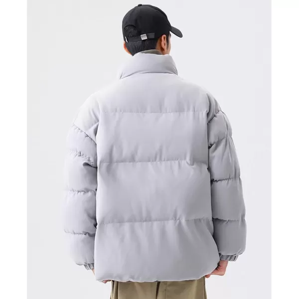 chouyatou Mens Winter Stand Collar Zip Up Baggy Puffer Jacket Windproof Short Down CoatGrey