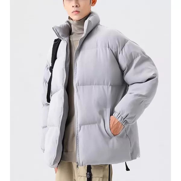 chouyatou Mens Winter Stand Collar Zip Up Baggy Puffer Jacket Windproof Short Down CoatGrey