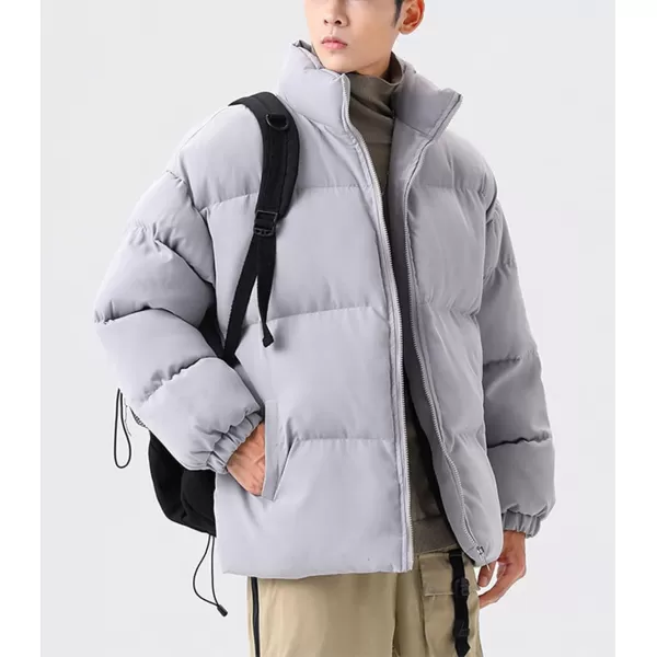 chouyatou Mens Winter Stand Collar Zip Up Baggy Puffer Jacket Windproof Short Down CoatGrey
