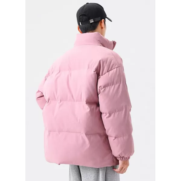 chouyatou Mens Winter Stand Collar Zip Up Baggy Puffer Jacket Windproof Short Down CoatPink