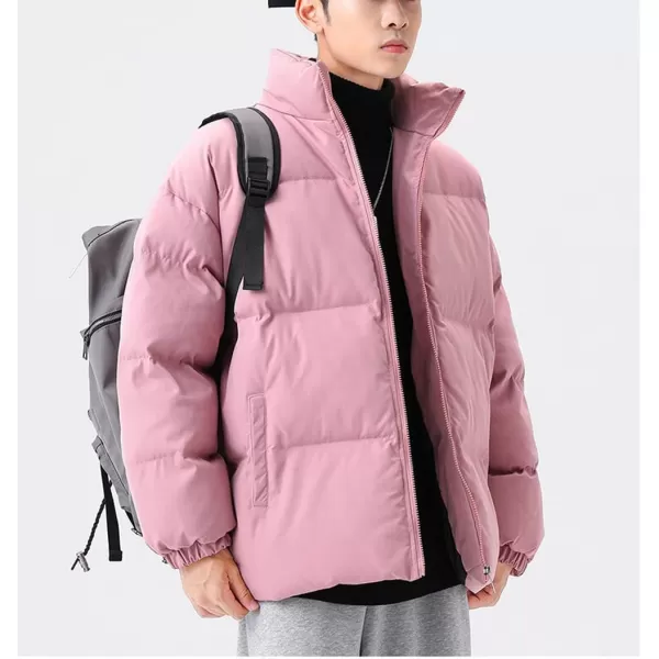 chouyatou Mens Winter Stand Collar Zip Up Baggy Puffer Jacket Windproof Short Down CoatPink