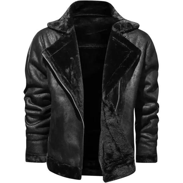 chouyatou Mens Winter Thicked Sherpa Lined Warm Slim Oblique Zip Distressed Faux Suede Leather Biker JacketBlack