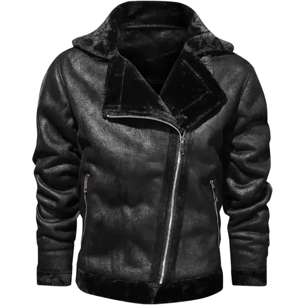 chouyatou Mens Winter Thicked Sherpa Lined Warm Slim Oblique Zip Distressed Faux Suede Leather Biker JacketBlack