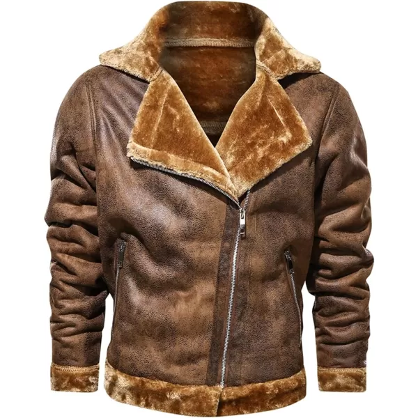 chouyatou Mens Winter Thicked Sherpa Lined Warm Slim Oblique Zip Distressed Faux Suede Leather Biker JacketBrown