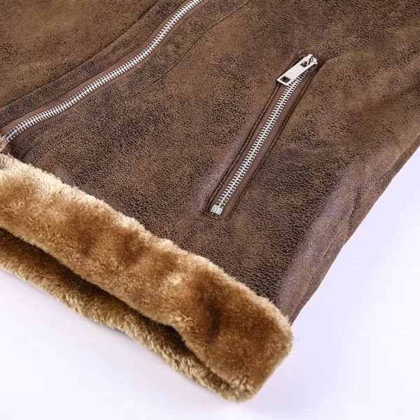 chouyatou Mens Winter Thicked Sherpa Lined Warm Slim Oblique Zip Distressed Faux Suede Leather Biker JacketBrown